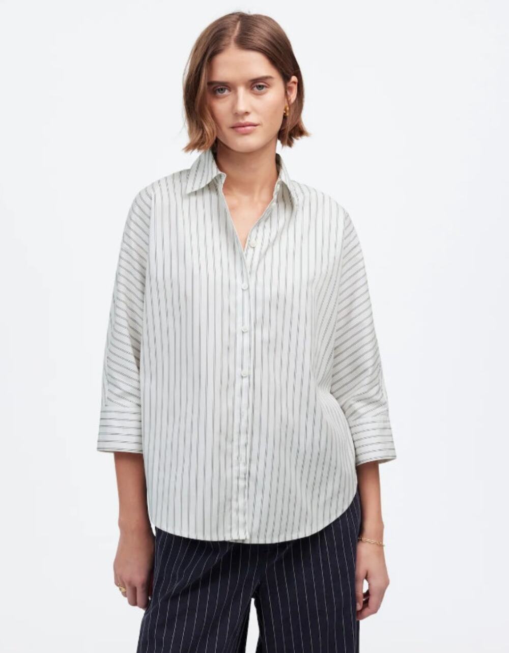 Madewell Poplin Oversized Button-Up Shirt WMNS S White Black Striped 3/4 Sleeves